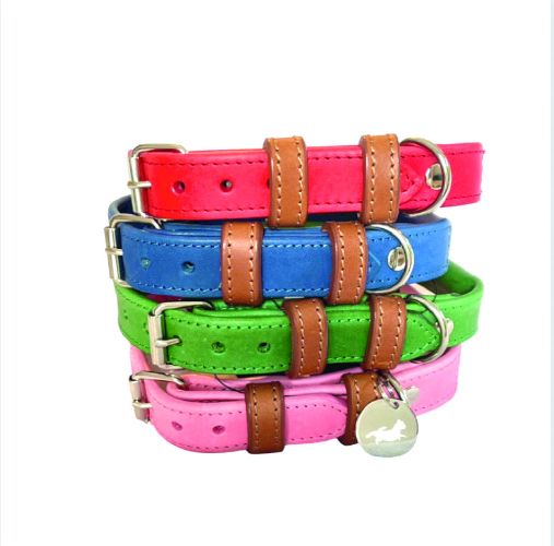 Stack of leather Pugalier of London dog collars in red, green, blue and pink